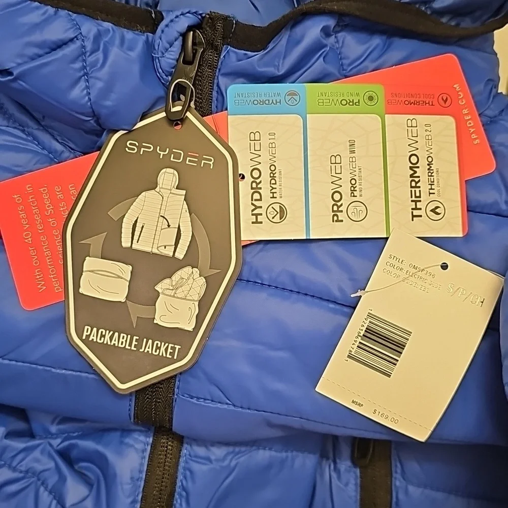 Spyder Men's Hooded Puffer Packable Jacket In 'Electric Blue'. NWT. - Picture 6 of 11